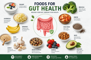 Foods for gut health including yogurt, berries, oats, beans, broccoli, bananas, chia seeds, nuts, avocado, garlic, kimchi, and sauerkraut.