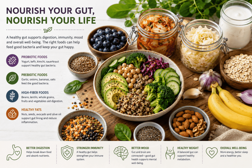 Foods for gut health including yogurt, kimchi, sauerkraut, oats, bananas, berries, beans, lentils, vegetables, nuts, seeds, and avocado.