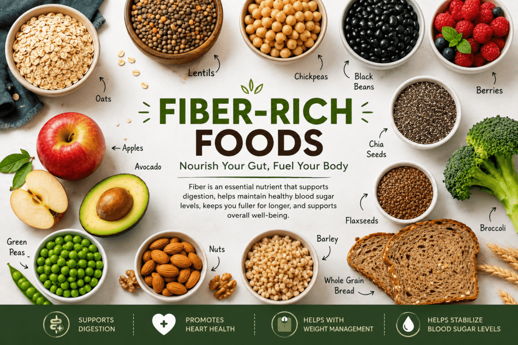 Fiber-rich foods for digestion including oats, lentils, chickpeas, berries, vegetables, seeds, nuts, and whole grains