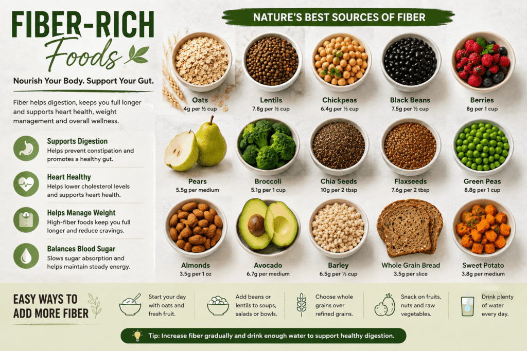 Fiber-rich foods including oats, lentils, chickpeas, berries, vegetables, seeds, nuts, and whole grains