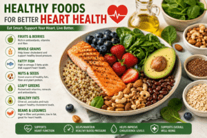 Healthy foods for better heart health including salmon, berries, leafy greens, avocado, nuts, beans, and whole grains