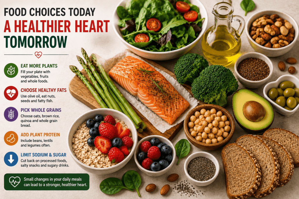 Healthy foods for better heart health including salmon, vegetables, berries, avocado, nuts, seeds, and whole grains