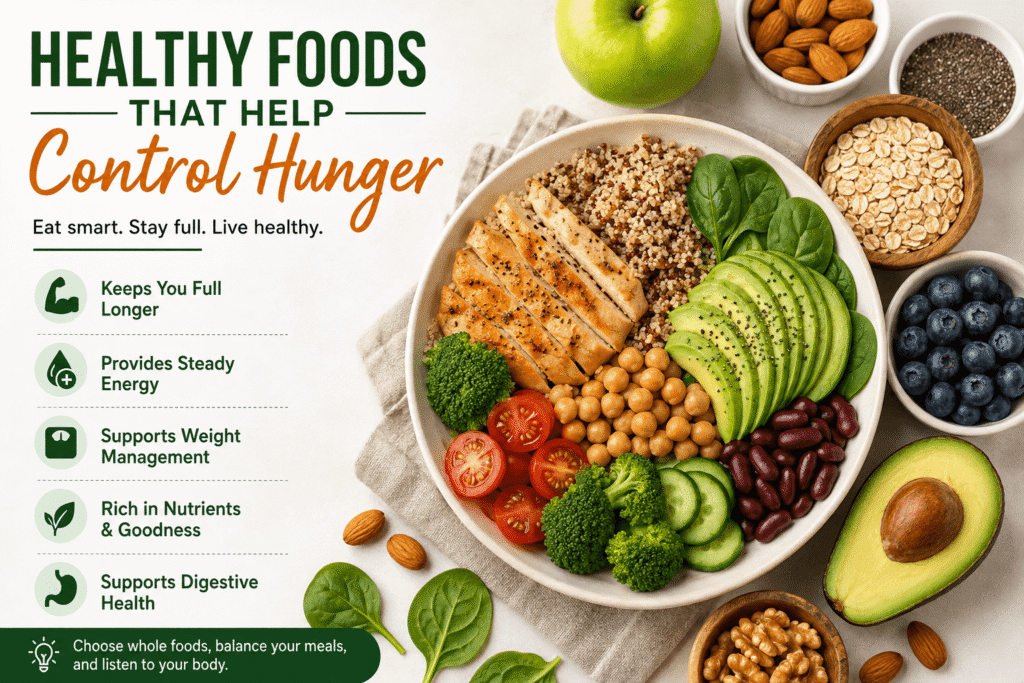 Healthy foods that help control hunger with protein and fiber-rich foods