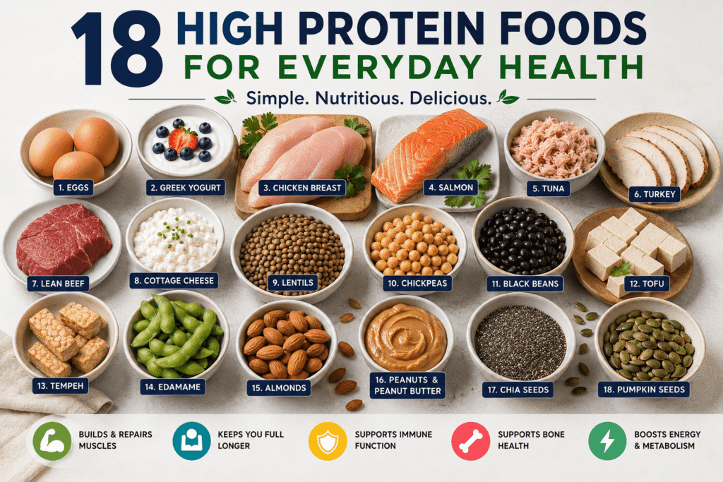 18 high protein foods including eggs, salmon, chicken, Greek yogurt, lentils, beans, tofu, nuts, and seeds